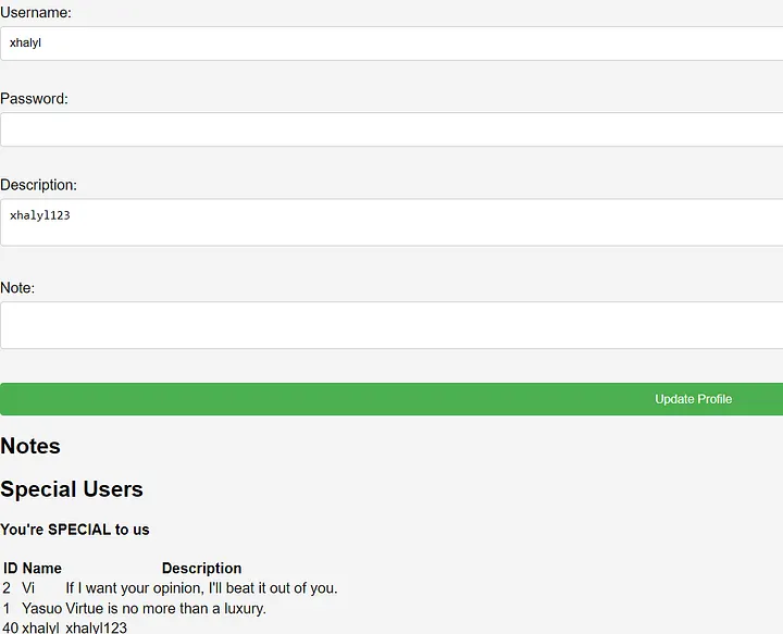 Profile page after login